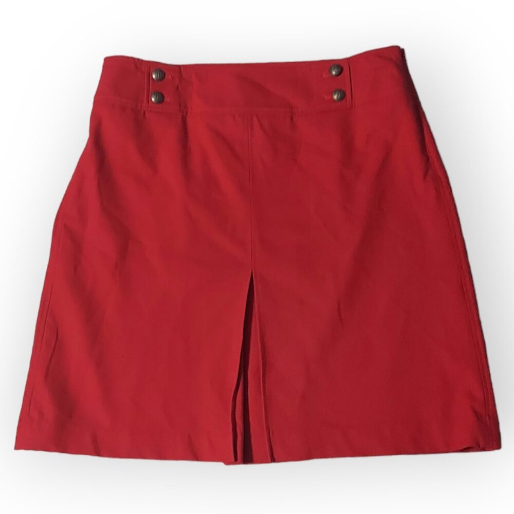 Talbots Red Front Pleat Knee Length Skirt With Button Detail Side Zip Size-12